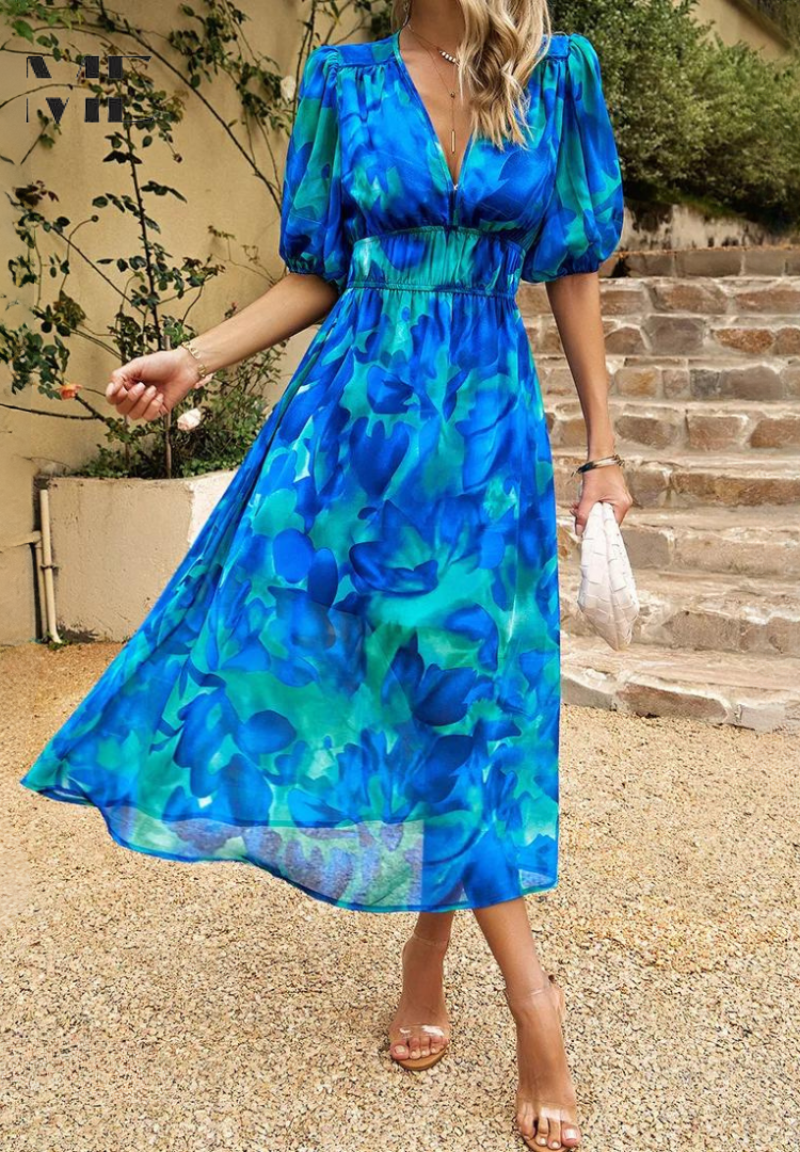 Penny | Elegant Floral Midi Dress with Puff Sleeves