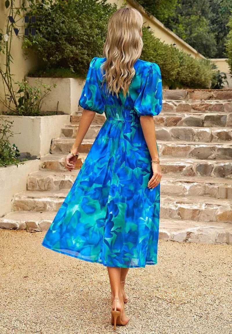 Penny | Elegant Floral Midi Dress with Puff Sleeves