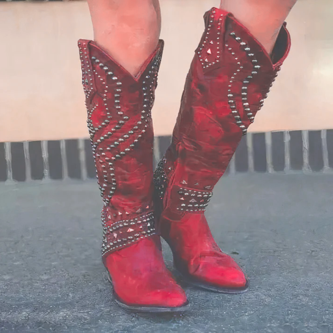 Eglantine | Edgy High Boots – Distressed Faux Leather – Rivet Detail – Thick Heel – Side Zipper