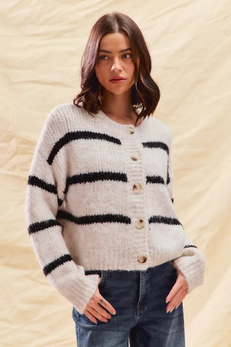 Alize | Women's Striped Button-Down Winter Cardigan