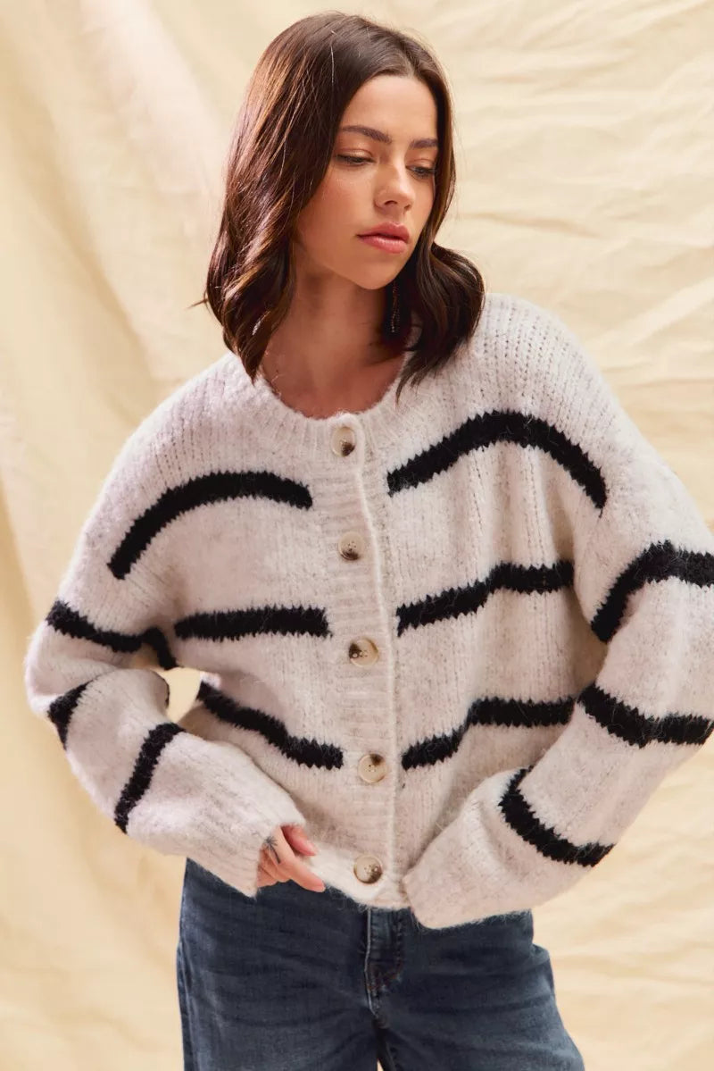 Alize | Women's Striped Button-Down Winter Cardigan