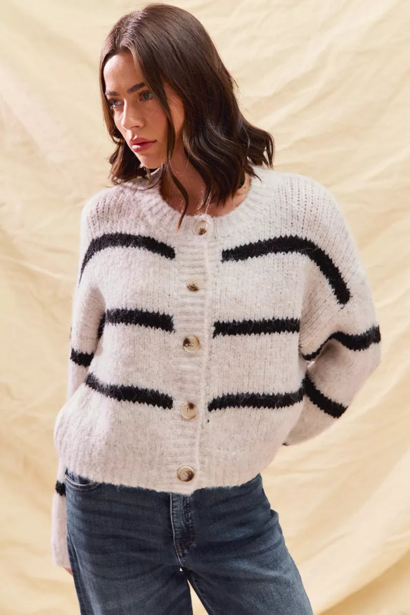 Alize | Women's Striped Button-Down Winter Cardigan