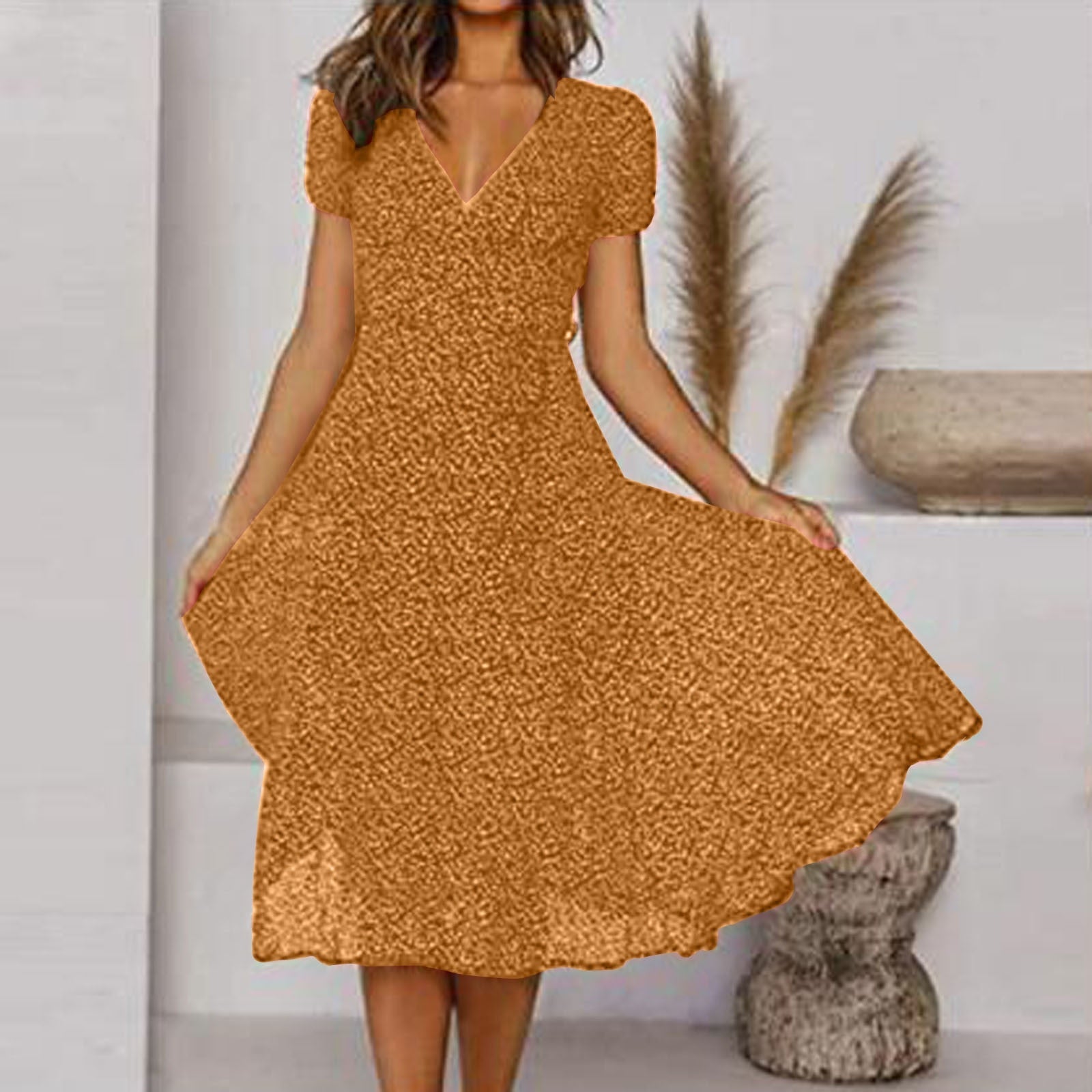 Elle | Women's V-Neck A-Line Midi Dress