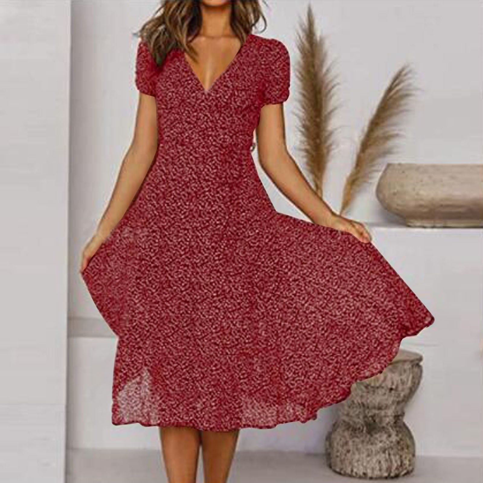 Elle | Women's V-Neck A-Line Midi Dress