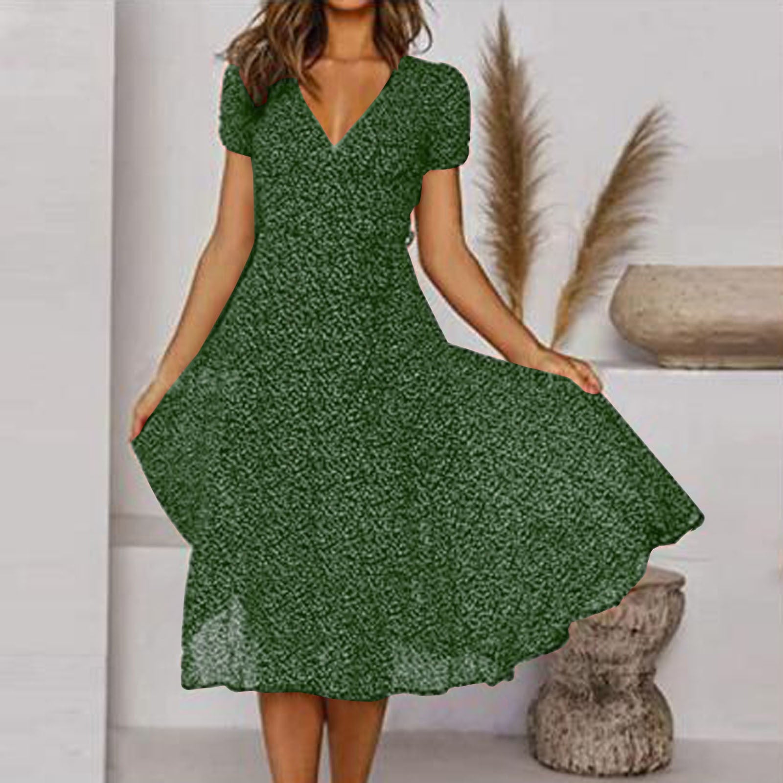 Elle | Women's V-Neck A-Line Midi Dress