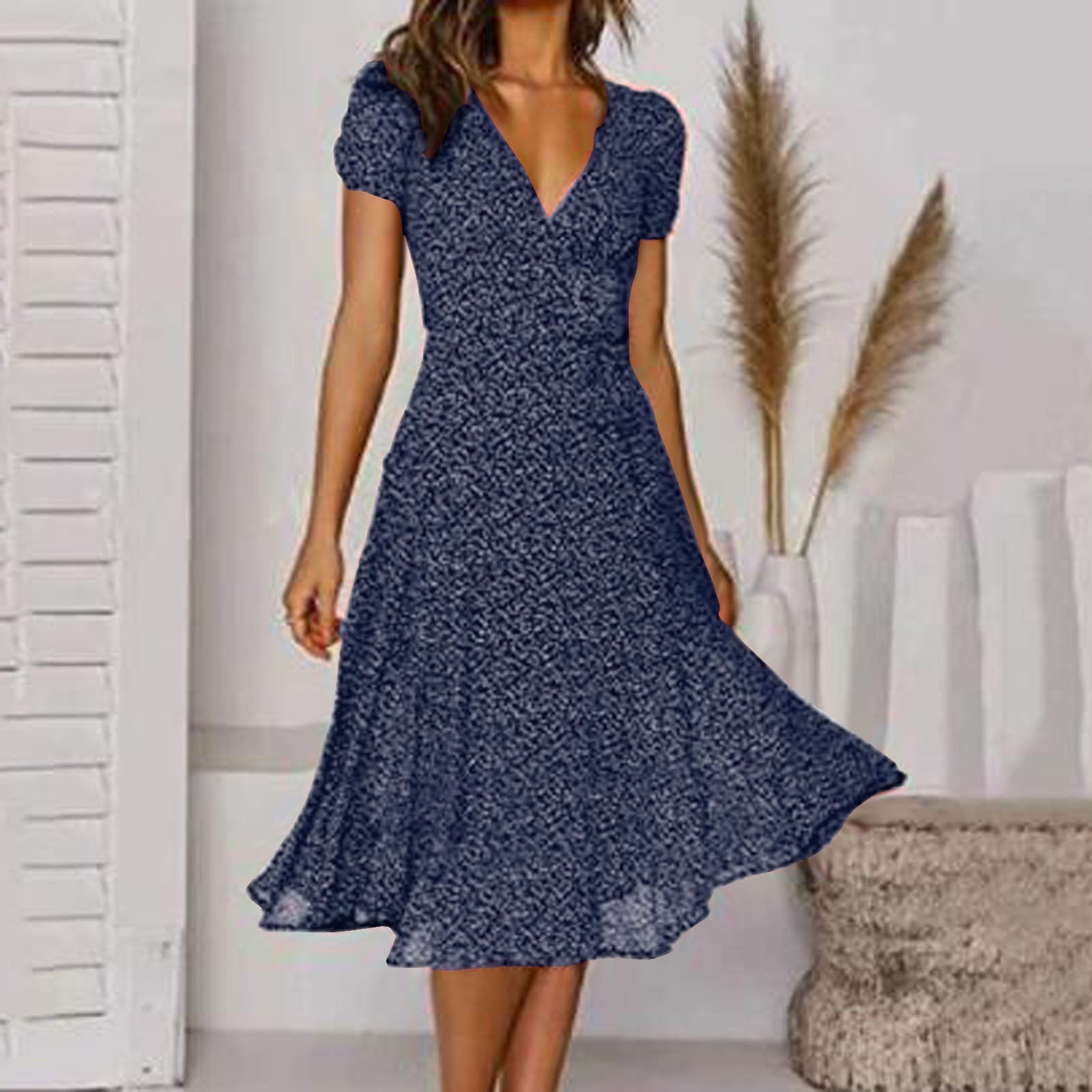 Elle | Women's V-Neck A-Line Midi Dress