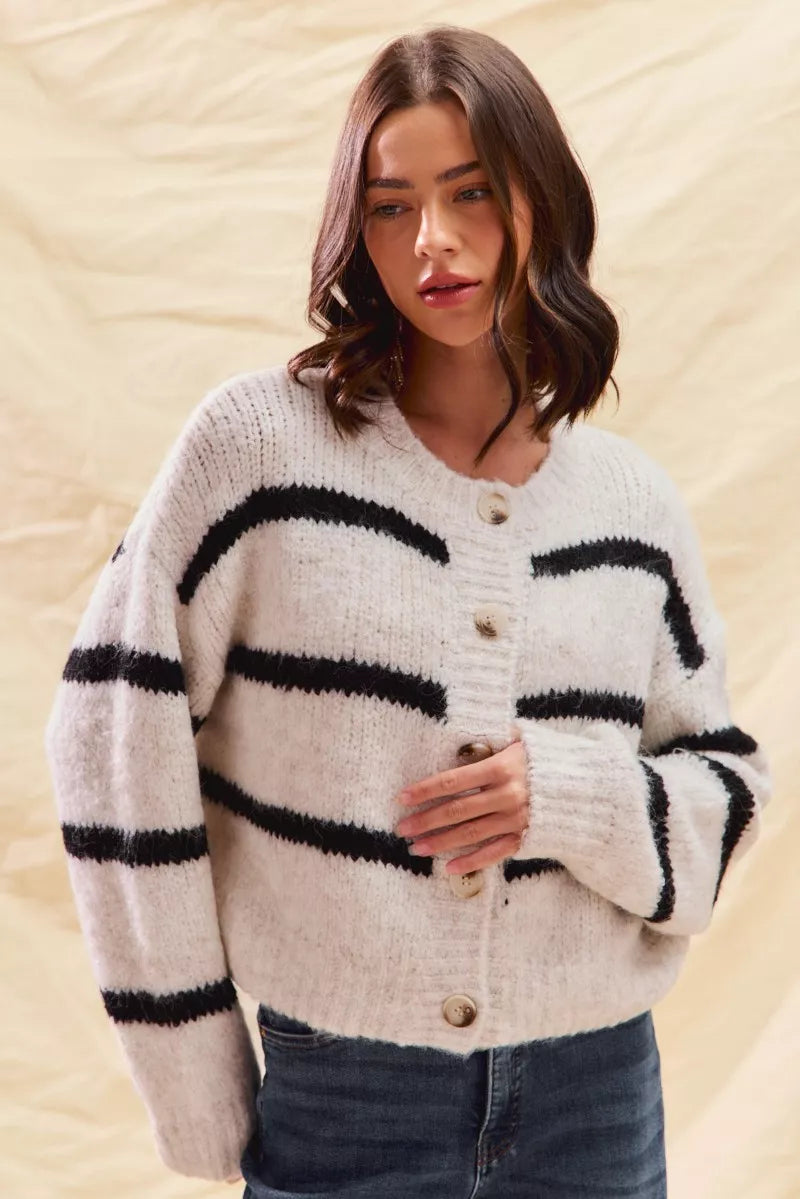 Alize | Women's Striped Button-Down Winter Cardigan