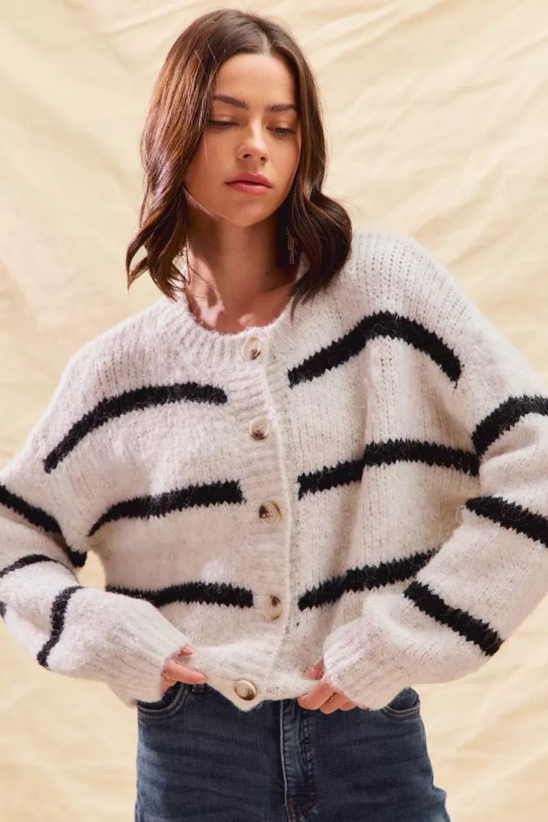 Alize | Women's Striped Button-Down Winter Cardigan
