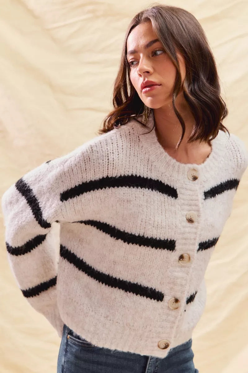 Alize | Women's Striped Button-Down Winter Cardigan
