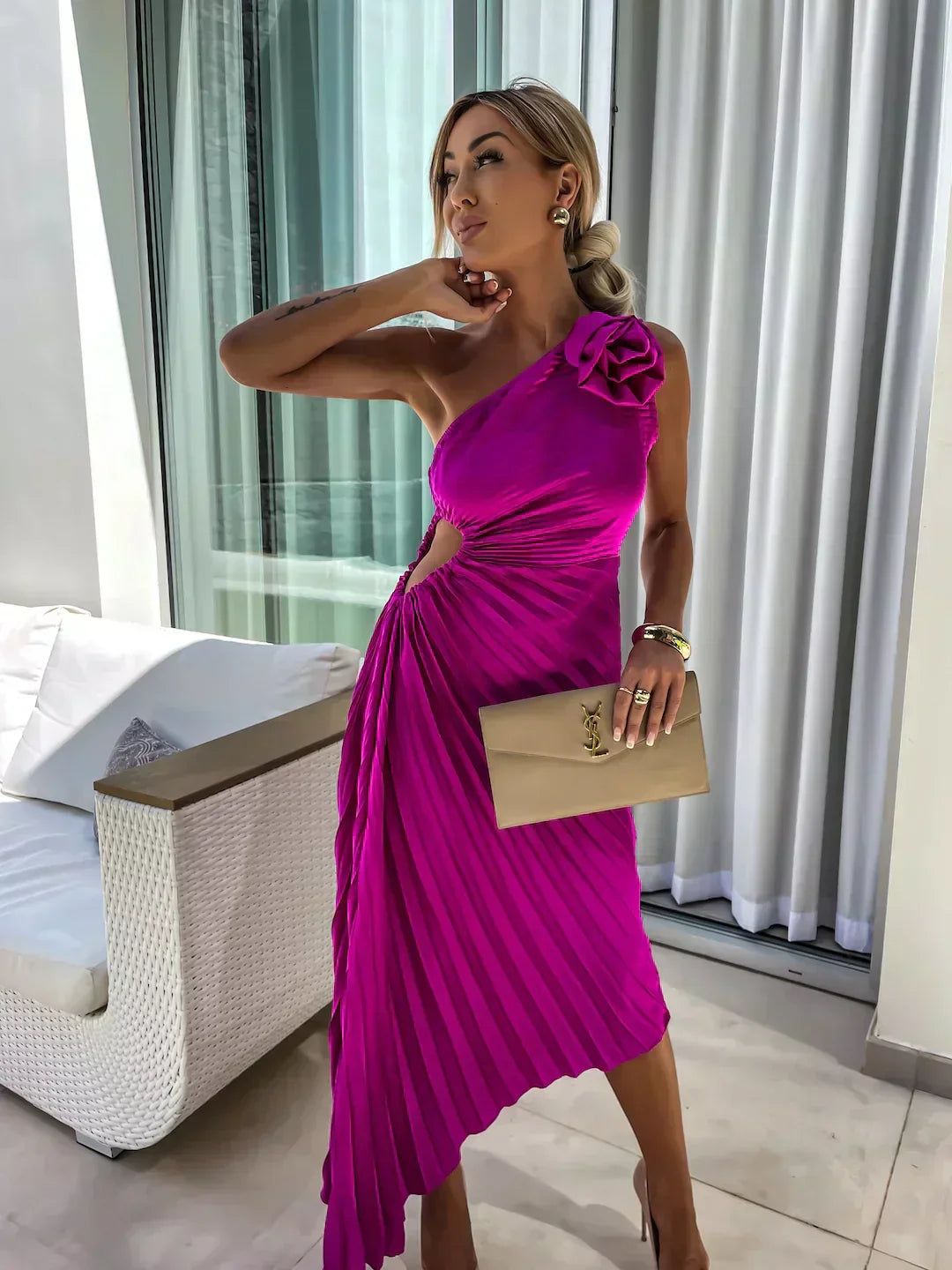 Petra | Elegant Shoulder Pleated Dress