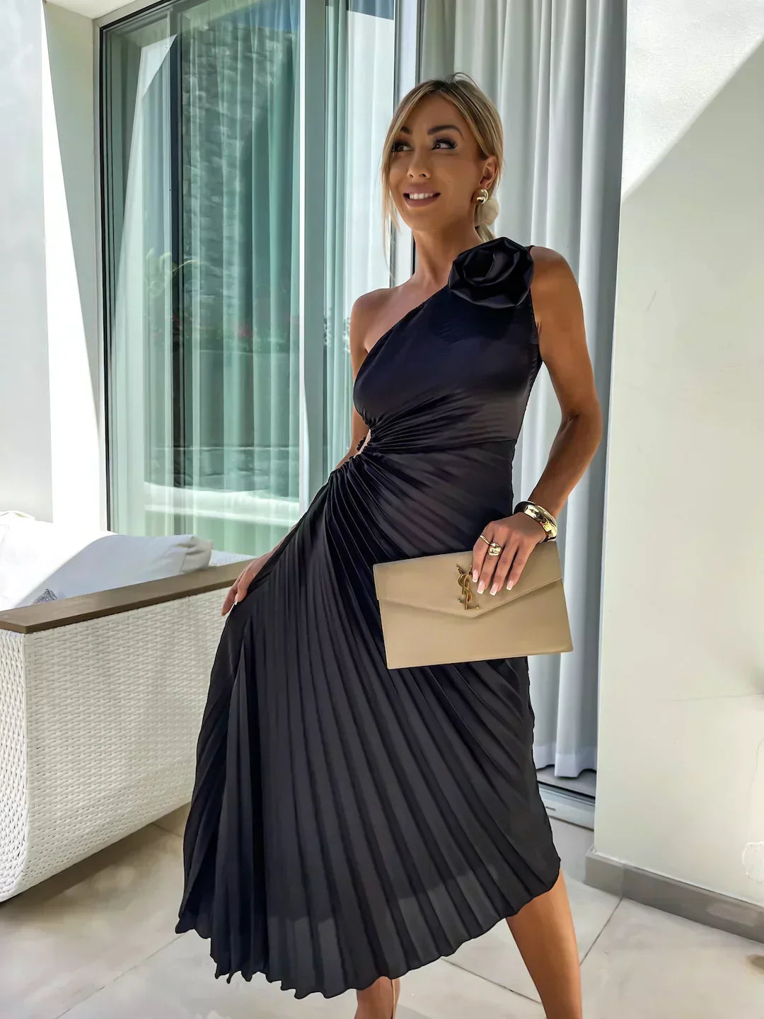 Petra | Elegant Shoulder Pleated Dress