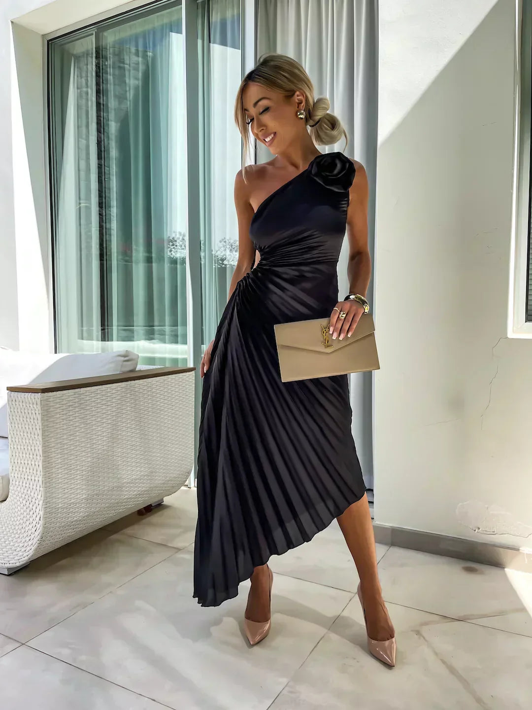 Petra | Elegant Shoulder Pleated Dress