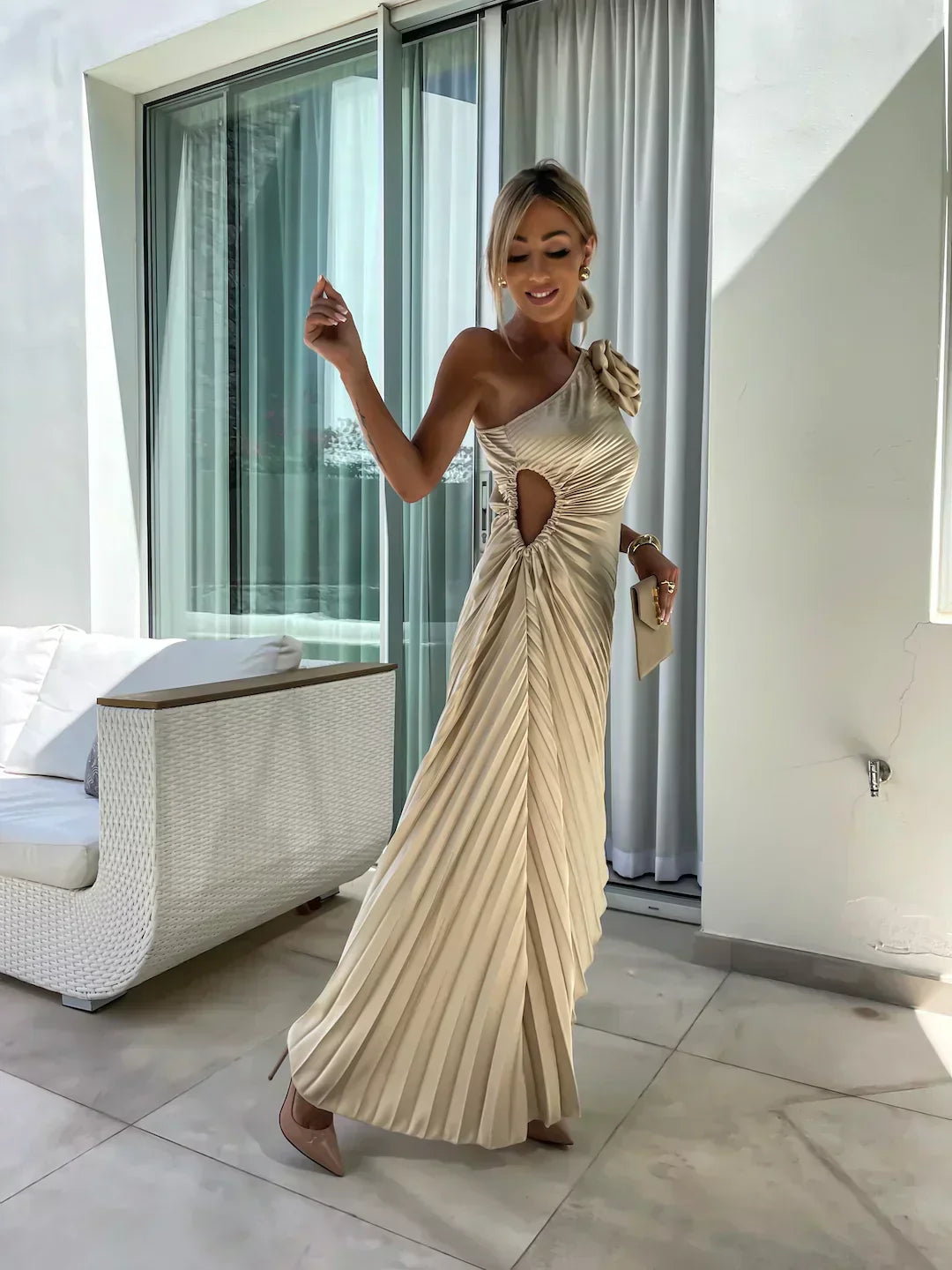 Petra | Elegant Shoulder Pleated Dress