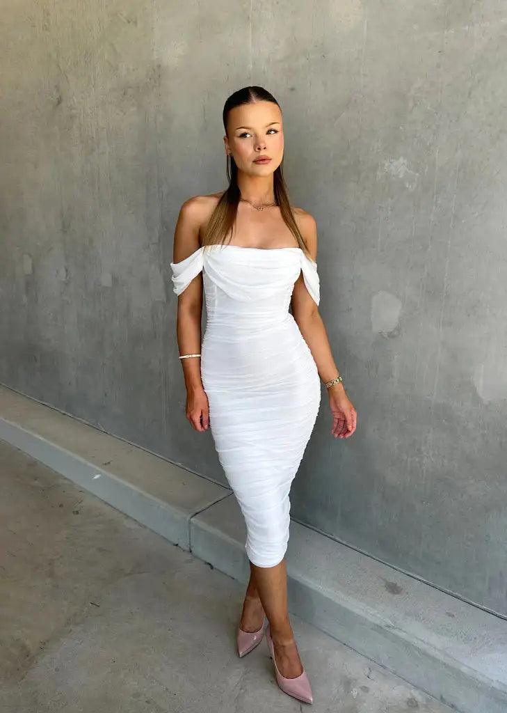 Hermione | Chic Off-Shoulder Bodycon Midi Dress with Flowing Draped Sleeves