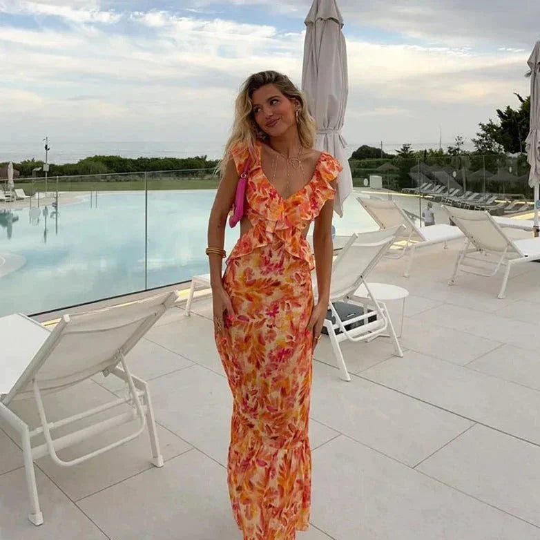 Evelyn | Women's Ruffle V-Neck Midi Dress