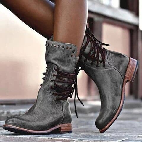 Chiarina | Faux Leather Boots – Trendy Lace-Up Style – Bold Metal Stud Accents – Cozy Low Heel