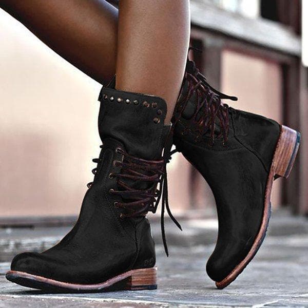 Chiarina | Faux Leather Boots – Trendy Lace-Up Style – Bold Metal Stud Accents – Cozy Low Heel